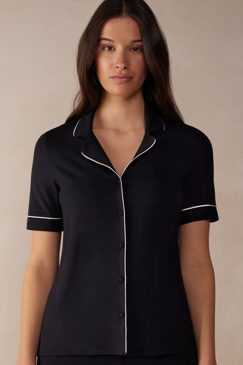 Intimissimi Krátké Sleeve Button Up Shirt in Modal Černé Černé | 5842630-QI