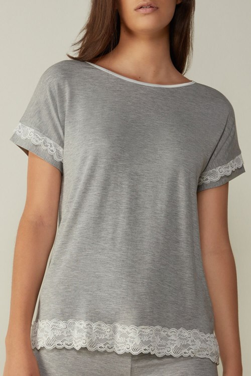 Intimissimi Krátké-Sleeve Modal Top with Krajkové Detail Šedé Světle Šedé | 2104638-ZF