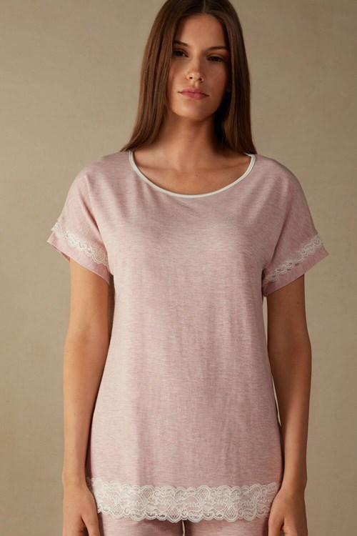 Intimissimi Krátké-Sleeve Modal Top with Krajkové Detail Růžové Světle Růžové | 6904837-UW