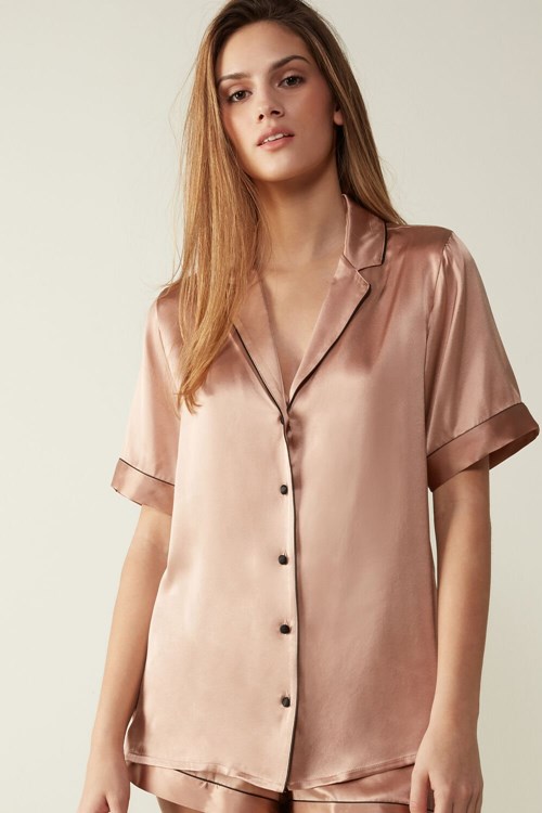 Intimissimi Krátké Sleeve Silk Shirt with Contrast Trim Růžové | 1795024-UF