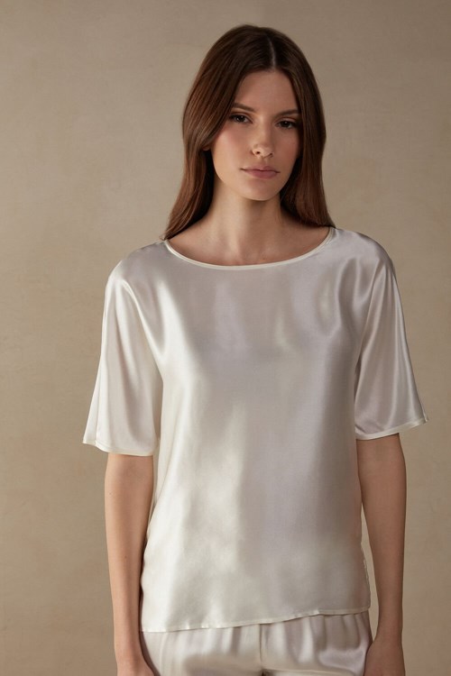 Intimissimi Krátké Sleeve Silk and Modal Top Bílé | 6189732-OZ