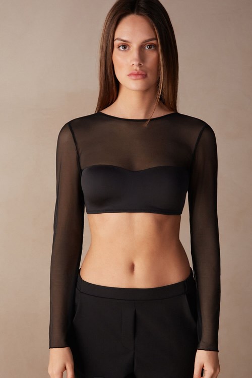 Intimissimi Long Sleeve Bra Top in Ultralight Microfiber and Tulle Černé Černé | 2389407-YZ