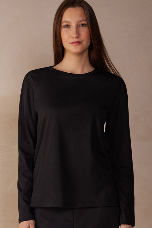 Intimissimi Oversized Long Sleeve Top in Supima® Bavlněné Černé Černé | 5689730-TJ