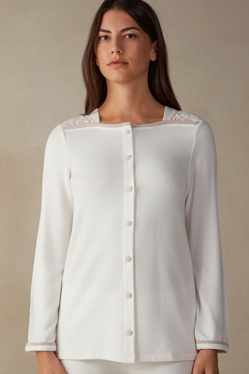 Intimissimi Romantic Bedroom Button Up Top in Modal with Vlna Bílé Bílé Růžové | 3685092-FK