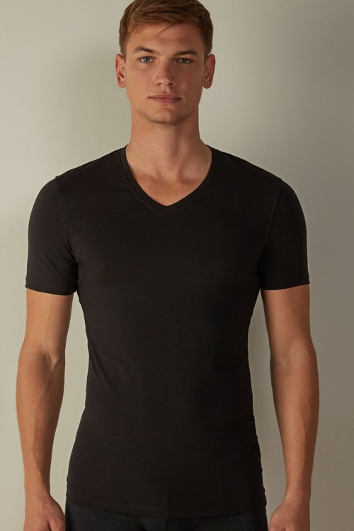 Intimissimi V-neck T-shirt in Stretch Supima® Bavlněné Černé Černé | 2793418-QN