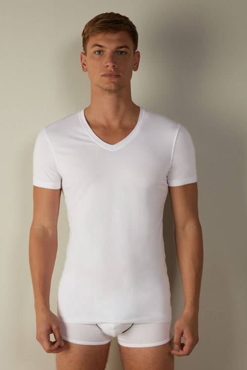 Intimissimi V-neck T-shirt in Stretch Supima® Bavlněné Bílé Bílé | 3079681-JC