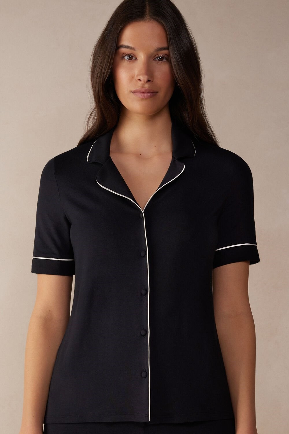 Intimissimi Krátké Sleeve Button Up Shirt in Modal Černé Černé | 5842630-QI