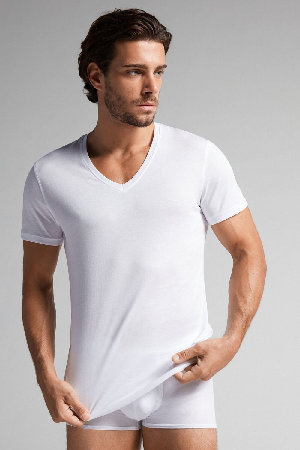 Intimissimi Krátké-Sleeve V-Neck T Shirt in Extra-Fine Supima® Bavlněné Bílé Bílé | 0875421-AP