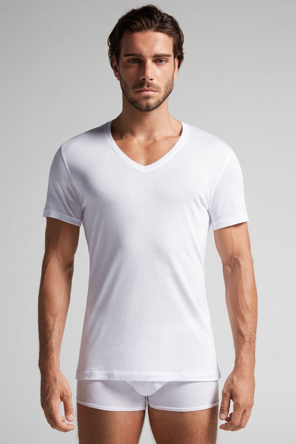 Intimissimi Krátké-Sleeve V-Neck T Shirt in Extra-Fine Supima® Bavlněné Bílé Bílé | 0875421-AP