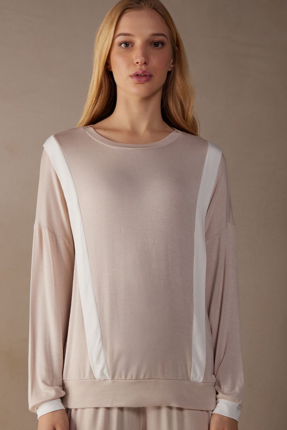 Intimissimi Simple Elegance Long Sleeve Top in Modal Růžové Růžové Bílé | 5347209-GC